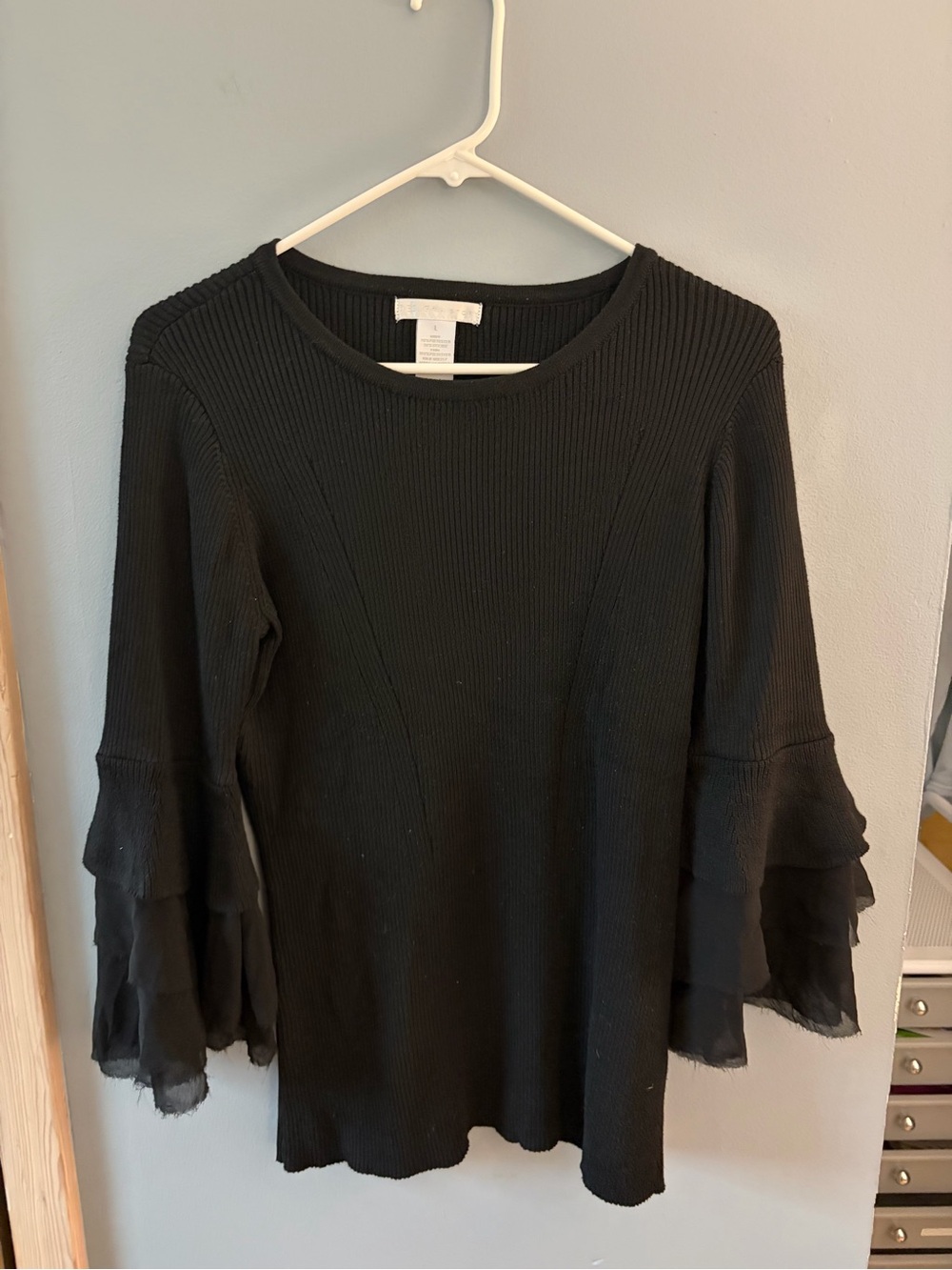 Design History Black Ribbed Knit Dress with Ruffle Bell Sleeves